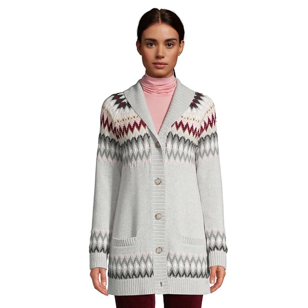 Lands' End Light Gray Fair Isle Shawl Collar Cardigan
